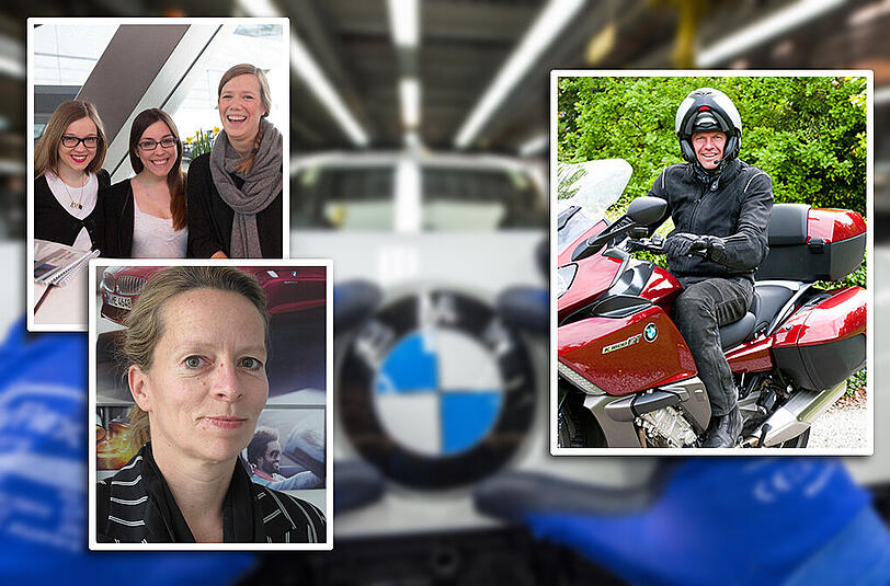 Gesichter der Bayerischen Motorenwerke: Simone Bauer, Leonie Laskowski, Anna Schlimok (v. l.), Susanne Obermeier (u.) und Gerhard Müller (r.) verbindet die Begeisterung für Mobilität.