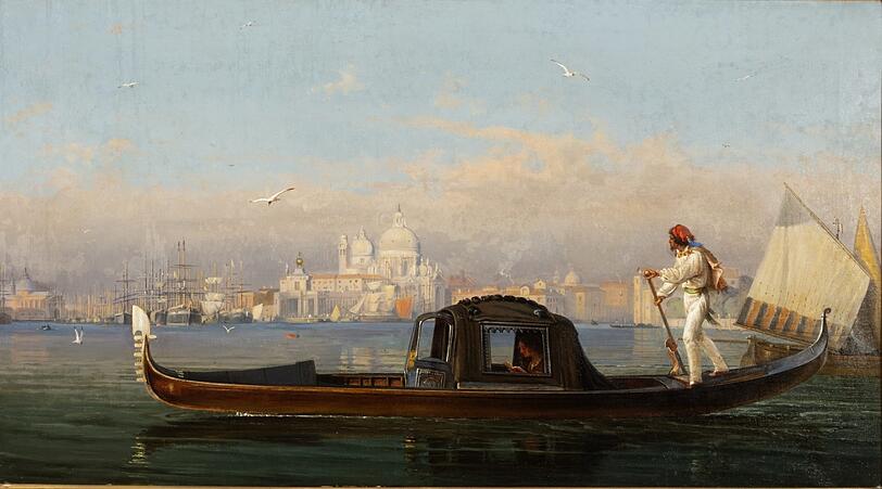 Natürlich Gondeln, was sonst? Durch die Bilder Friedrich Nerlys haben sie sich in der ganzen Welt verbreitet. Hier ein Gondoliere vor Santa Maria della Salute (um 1850/60).