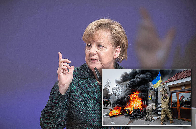 Bundeskanzlerin Angela Merkel: "Deutschland wird die Ukraine mit Waffen nicht unterstützen. Ich bin fest davon überzeugt, dass dieser Konflikt militärisch nicht gelöst werden kann".