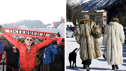 (Links) Heimspiel: Andreas Gabalier in Kitzbühel beim alljährlichen Hahnenkamm-Rennen. (Rechts) Immer noch sehr pelz- und promilastig: das vornehme St. Moritz in der Schweiz.