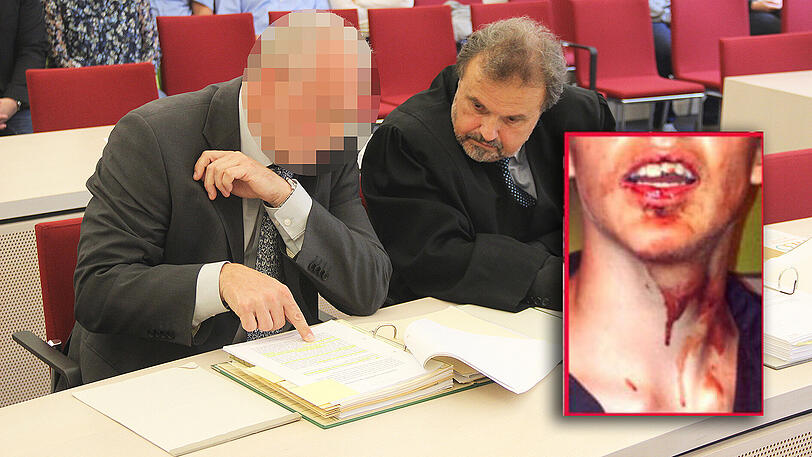 Rudolf M. (l.) im Gerichtssaal. Kleines Bild: Das Opfer nach der Attacke.