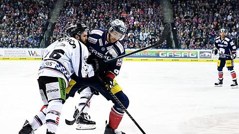 Steven Seigo (links) kämpft um den Puck. Foto: Britta Pedersen/zb/dpa/Archivbild