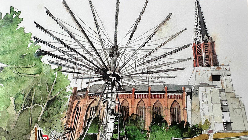 Der Aufbau der Auer Dult 2023 gemalt von Meyer-Andreaus. Die Mariahilfkirche ist damals noch eingerüstet.