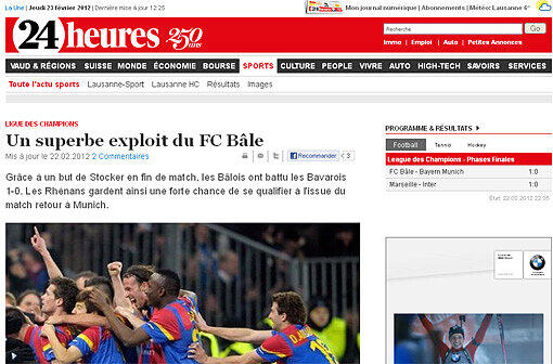 Die Westschweizer Tageszeitung "24 heures" feiert die "große Leistung des FC Basel".
