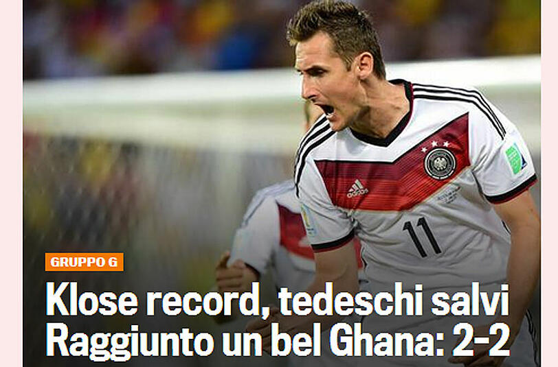 Die italienische "Gazetta dello Sport" schreibt: Kloses Rekord rettet Deutschland gegen Ghana ein Unentschieden.