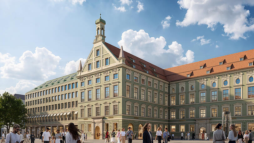So soll ab 2029 die Fassade der Alten Akademie an der Neuhauser Straße mal aussehen, wenn die Bauarbeiten beendet sind. Hierin will der neue Eigentümer Opes bis zu 120 Apartments als "Long-Stay-Konzept" betreiben lassen. So soll ab 2029 die Fassade der Alten Akademie an der Neuhauser Straße mal aussehen, wenn die Bauarbeiten beendet sind. Hierin will der neue Eigentümer Opes bis zu 120 Apartments als "Long-Stay-Konzept" betreiben lassen.