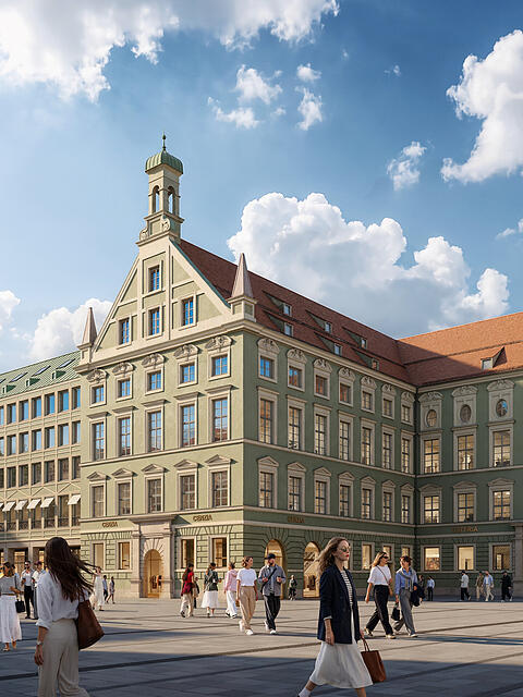 So soll ab 2029 die Fassade der Alten Akademie an der Neuhauser Stra&szlig;e mal aussehen, wenn die Bauarbeiten beendet sind. Hierin will der neue Eigent&uuml;mer Opes bis zu 120 Apartments als "Long-Stay-Konzept" betreiben lassen.