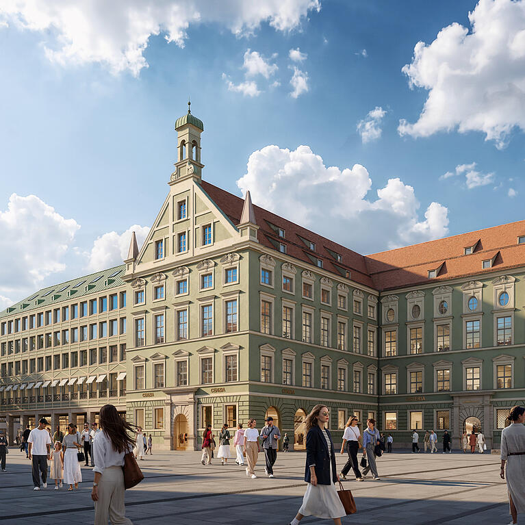 So soll ab 2029 die Fassade der Alten Akademie an der Neuhauser Stra&szlig;e mal aussehen, wenn die Bauarbeiten beendet sind. Hierin will der neue Eigent&uuml;mer Opes bis zu 120 Apartments als &bdquo;Long-Stay-Konzept&ldquo; betreiben lassen.