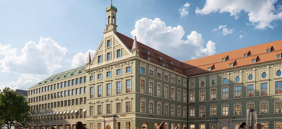 So soll ab 2029 die Fassade der Alten Akademie an der Neuhauser Stra&szlig;e mal aussehen, wenn die Bauarbeiten beendet sind. Hierin will der neue Eigent&uuml;mer Opes bis zu 120 Apartments als &bdquo;Long-Stay-Konzept&ldquo; betreiben lassen.