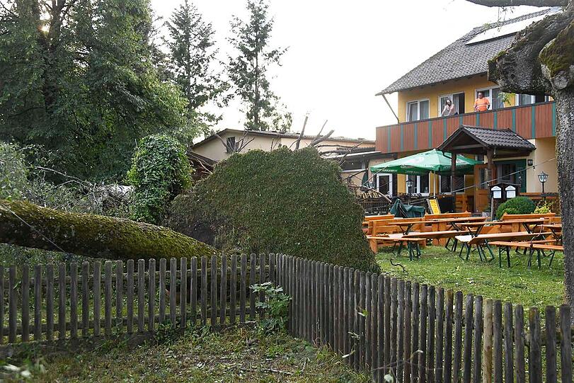 Eine im Biergarten des Gasthauses Schnaitl in Wang umstürzene große Birke riss den Maibaum mit sich und zerlegte ihn in mehrere Teile.