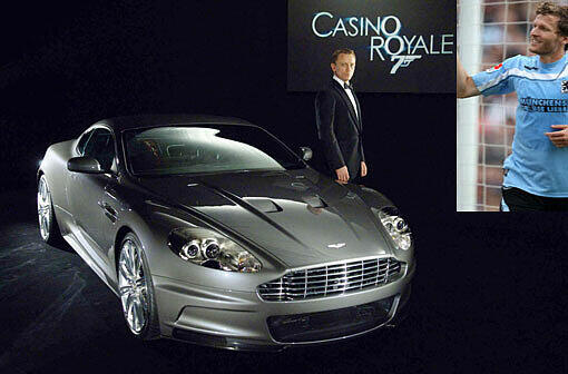 Seit Jahrzehnten wirbt James Bond für Aston Martin. Hier der aktuelle Bond-Darsteller Daniel Craig mit einem Aston Martin DBS. Auch Löwen-Star Benny Lauth ist der Faszination der Marke erlegen. Er fährt einen britischen Sportwagen.