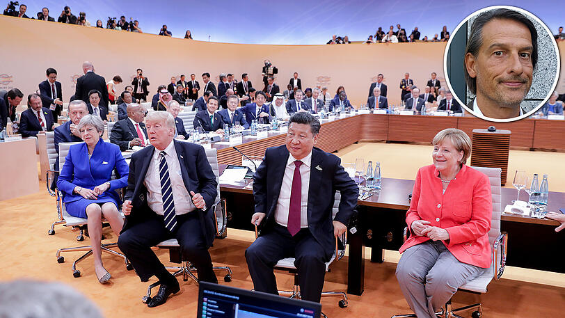 Bei der ersten Arbeitssitzung (v.l.): Recep Tayyip Erdogan, Theresa May, Donald Trump, Xi Jinping und Angela Merkel.