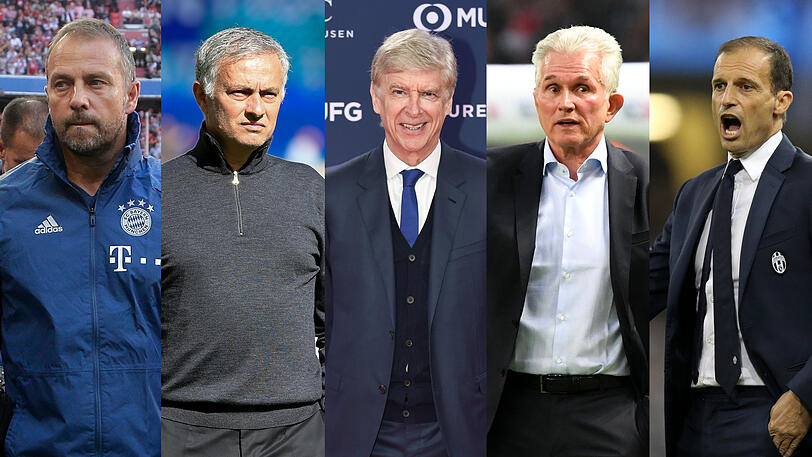 Potenzielle Kovac-Nachfolger (v.l.): Co-Trainer Flick, Mourinho, Arsenals Wenger, Heynckes oder Allegri.