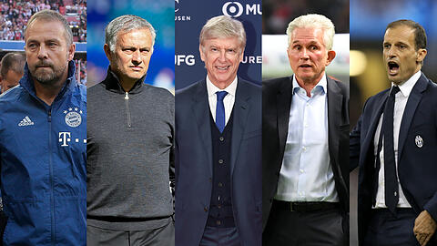Potenzielle Kovac-Nachfolger (v.l.): Co-Trainer Flick, Mourinho, Arsenals Wenger, Heynckes oder Allegri.