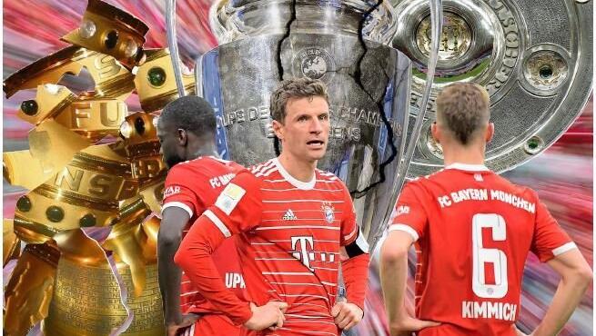 Aus drei mach eins – oder auch nix? Mit dem fast schon geplatzten Champions-League-Traum bleibt für Thomas Müller (M.) und die Bosse Hasan Salihamidzic und Oliver Kahn wohl nur noch die Meisterschaft.