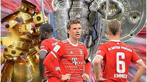 Aus drei mach eins – oder auch nix? Mit dem fast schon geplatzten Champions-League-Traum bleibt für Thomas Müller (M.) und die Bosse Hasan Salihamidzic und Oliver Kahn wohl nur noch die Meisterschaft.