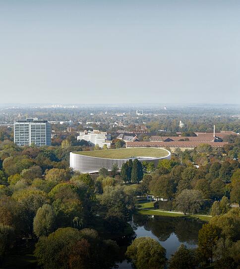 Die neue Sportarena im Olympiapark. Geschwungen und begrünt fügt sie sich in das Ensemble ein.