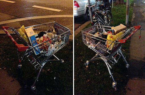 Seit Tagen schon steht der voll beladenen Rewe-Wagen am Radlweg auf der Arnulfstraße Ecke Kelheimer Straße.