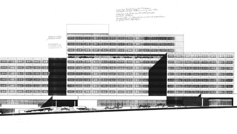 Von Architekt Heinz Kroh wurde das damalige Pentahotel 1971 mit einer Bandfassade errichtet. Von Architekt Heinz Kroh wurde das damalige Pentahotel 1971 mit einer Bandfassade errichtet.
