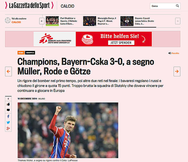 "Gazzetta dello Sport" (Italien): Champions League, Bayern - ZSKA 3:0 durch Treffer von Müller, Götze, Rode