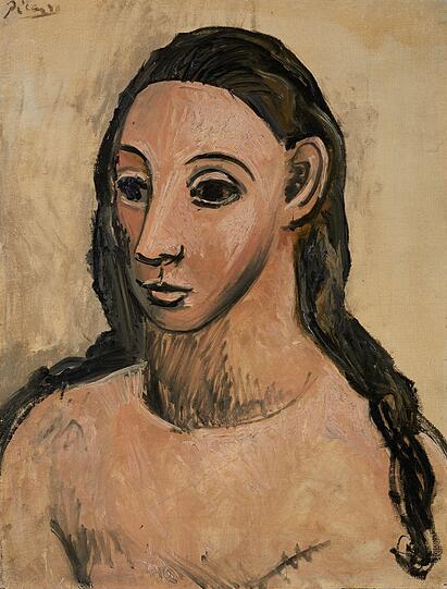Diesen Frauenkopf hat Picasso 1906 in Barcelona gemalt. Der Zusammenhang mit seinen &bdquo;Demoiselles d&lsquo;Avignon&ldquo; ist offenkundig.