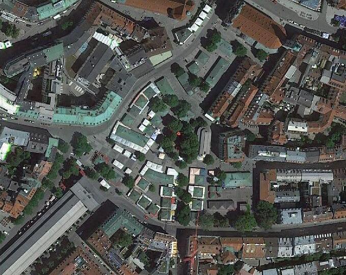 So sieht der Viktualienmarkt derzeit aus der Luft aus. Die Struktur soll nach Möglichkeit weitgehend erhalten bleiben.