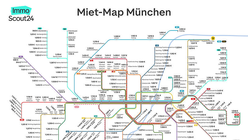 Die "MietMap" der Immobilienplattform Immoscout zeigt wie hoch bzw wie niedrig die Angebotsmieten an welcher U-Bahnstation in M&uuml;nchen sind.