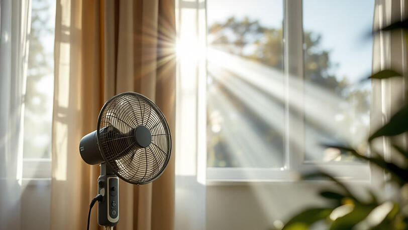 Auch ein Tischventilator kann für etwas mehr Kühle in den Räumen sorgen (KI-generiert).
