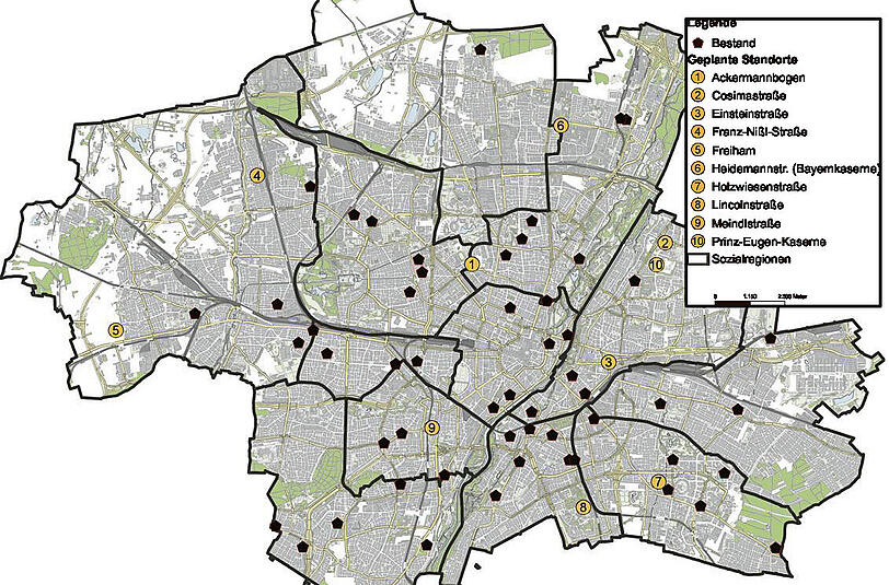 An diesen zehn Standorten in München werden zusätzlich neue Seniorenheime gebaut. 1.Ackermannbogen 2. Cosimastraße 3. Einsteinstraße 4. Franz-Nißl-Straße 5. Freiham 6. Heidemannstraße 7. Holzwiesnenstraße 8. Lincolnstraße 9. Meindlstraße 10. Prinz-Eugen-Kaserne