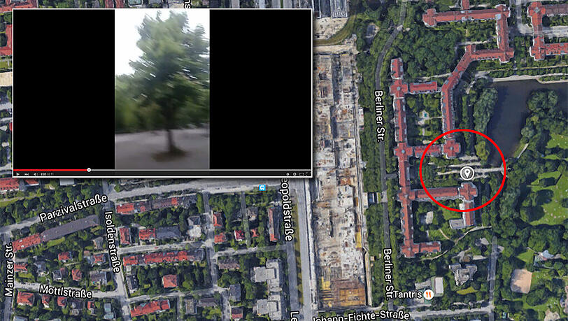 Die Wohnanlage in der Berliner Straße - im Innenhof (roter Kreis) wurde das Video aufgenommen. Die Wohnanlage in der Berliner Straße - im Innenhof (roter Kreis) wurde das Video aufgenommen.