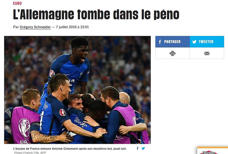 "Libération": "Griezmann streckt Deutschland nieder. Frankreich ist im Finale. Beherrscht in der ersten Halbzeit, schaffen es 'Les Bleus' dank eines großzügigen Elfmeters und einer Gala von Griezmann."
"Libération": "Griezmann streckt Deutschland nieder. Frankreich ist im Finale. Beherrscht in der ersten Halbzeit, schaffen es 'Les Bleus' dank eines großzügigen Elfmeters und einer Gala von Griezmann."
"Libération": "Griezmann streckt Deutschland nieder. Frankreich ist im Finale. Beherrscht in der ersten Halbzeit, schaffen es 'Les Bleus' dank eines großzügigen Elfmeters und einer Gala von Griezmann."