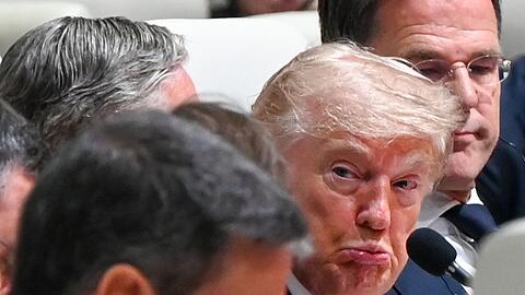 Zustimmung sieht anders aus: US-Pr&auml;sident Donald Trump schaut skeptisch, w&auml;hrend Spaniens Regierungschef Pedro S&aacute;nchez auf dem Nato-Gipfel in Ankara spricht.