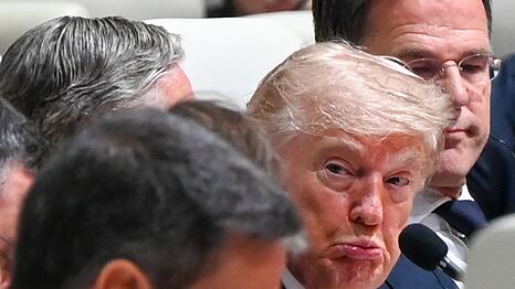 Zustimmung sieht anders aus: US-Pr&auml;sident Donald Trump schaut skeptisch, w&auml;hrend Spaniens Regierungschef Pedro S&aacute;nchez auf dem Nato-Gipfel in Ankara spricht.