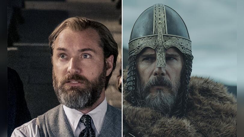 Zauberer trifft Wikinger: Jude Law (l.) in "Phantastische Tierwesen 3" und Ethan Hawke in "The Northman". Zauberer trifft Wikinger: Jude Law (l.) in "Phantastische Tierwesen 3" und Ethan Hawke in "The Northman".