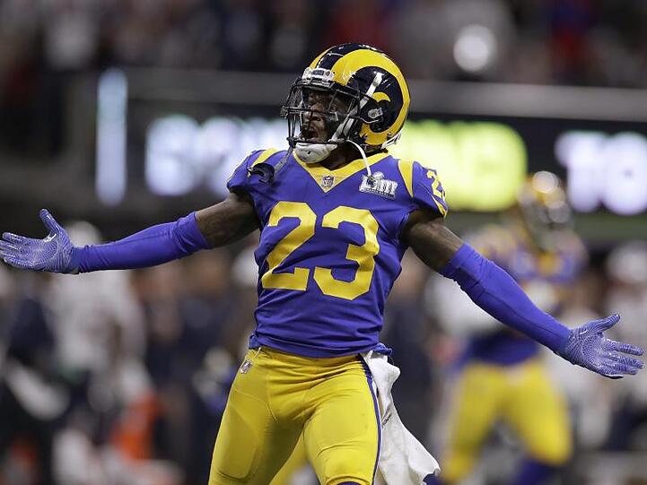Nickell Robey-Coleman von den Rams jubelt nachem er einen Pass der Patriots abgefangen hat.