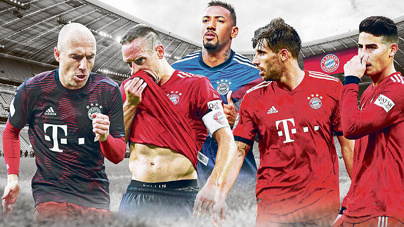 Ihre Zukunft beim FC Bayern ist nicht sicher (v.l.): Arjen Robben, Franck Ribéry, Jérôme Boateng, Javi Martínez, James Rodríguez.