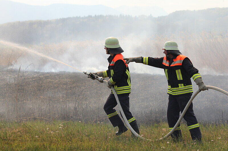 Mit einer Löschkette kämpften ein Feuerwehrmänner gegen die Feuerwalze, die sich durch das Schilf fraß.