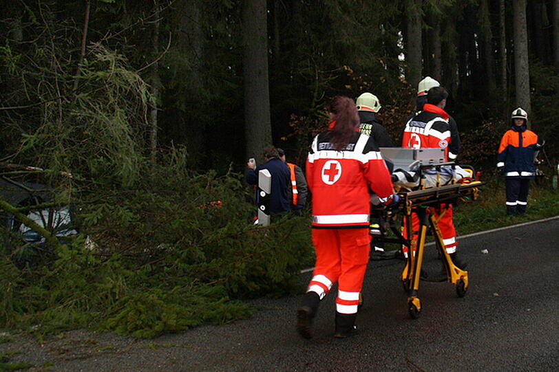 Baum zerquetscht Auto: Die Bilder vom Rettungseinsatz