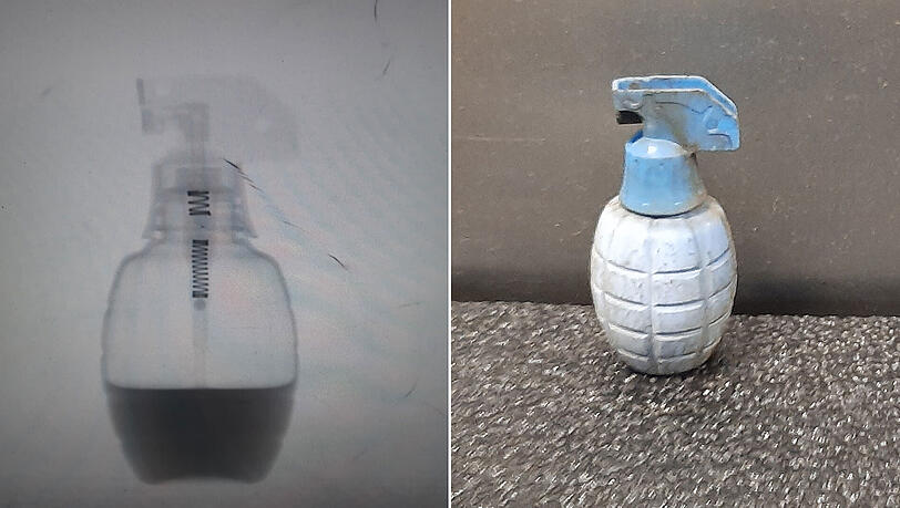 Das Röntgenbild entpuppt die Handgranate als halbgefüllte Wasserpistole. Das Röntgenbild entpuppt die Handgranate als halbgefüllte Wasserpistole.