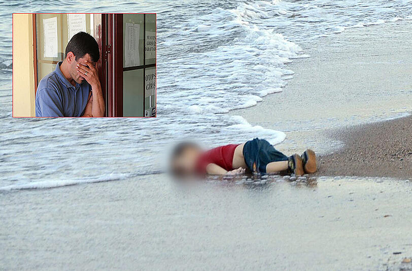 Schmerz und Trauer - und ein "Krampf" beim Ansehen des Fotos seines toten Sohnes: Abdullah Kurdi (kleines Bild), der Vater von Aylan.