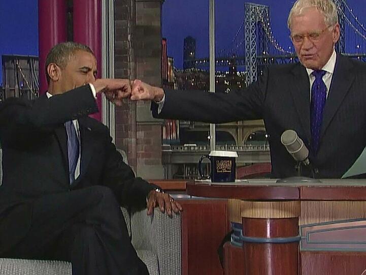 Barack Obama (l.) bei einem früheren Auftritt in der Show von David Letterman