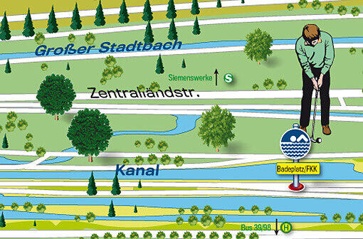 Höhe Zentralländstraße: Baden, gerne auch nackt oder golfen. Hier freizeitelt die Stadt. Die Busse 39 und 98 machen hier Halt.