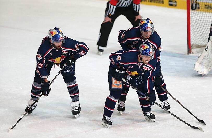 Bereit für die Playoffs: Die EHC-Stars Nick Palmieri, Danny Richmond, Daniel Sparre (v.l.)