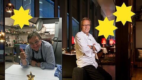 Linkes Bild: Michel Dupuis mit einem (Weihnachts-)Stern in seiner Küche. Rechtes Bild: Bobby Bräuer in seinem Esszimmer in der BMW Welt. Er freut sich jetzt über seinen zweiten Stern.