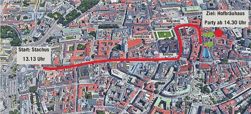 So verläuft der Faschingszug der Damischen Ritter (rot). Zum Schluss wird zu Fuß über die Lederer- und Bräuhausstraße gegangen.