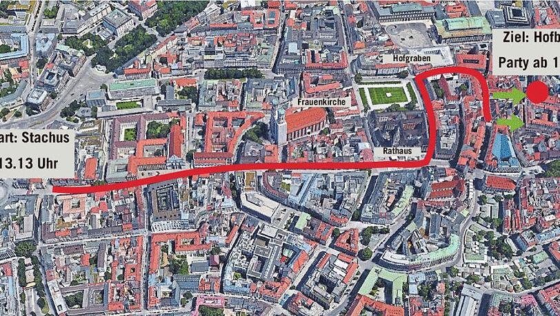 So verläuft der Faschingszug der Damischen Ritter (rot). Zum Schluss wird zu Fuß über die Lederer- und Bräuhausstraße gegangen. So verläuft der Faschingszug der Damischen Ritter (rot). Zum Schluss wird zu Fuß über die Lederer- und Bräuhausstraße gegangen.
