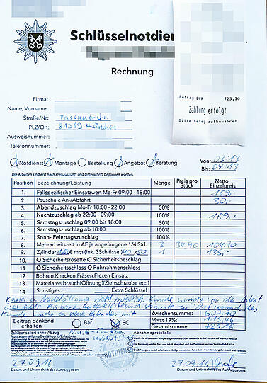 Diese Rechnung präsentiert der Abzocker-Schlüsseldienst Natascha Berger. Sie muss über 700 Euro per Sofortkasse zahlen! Foto: privat