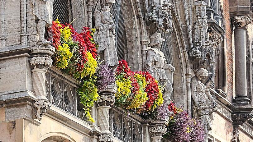 Bunte Blumen auf dem Rathaus-Balkon.