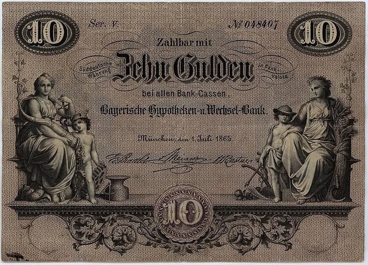 Der bayerische 10-Gulden-Schein der "Emission 5" von 1865.