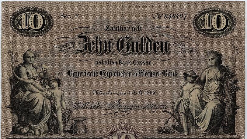 Der bayerische 10-Gulden-Schein der "Emission 5" von 1865. Der bayerische 10-Gulden-Schein der "Emission 5" von 1865.